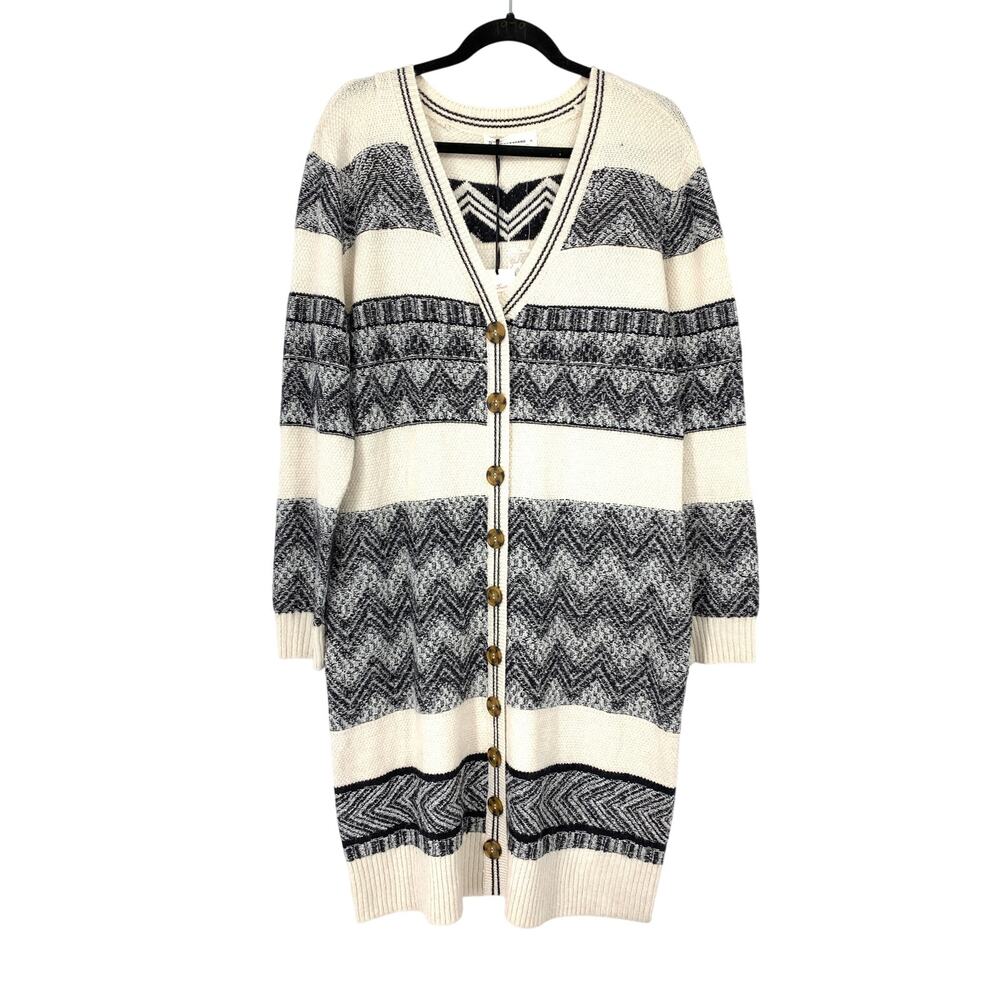 Lucky Brand Sweater Womens XL Ivory Black Textured Chevron Button Front Longline
